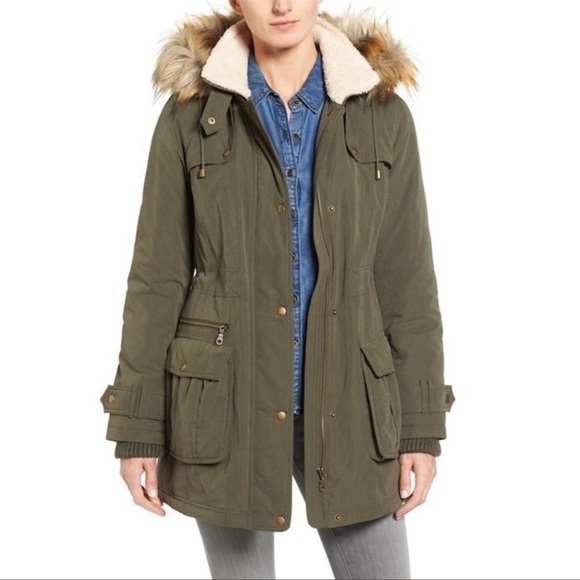 Halogen Utility Coat green faux fur lined hooded anorack jackets Sz S - Picture 1 of 17